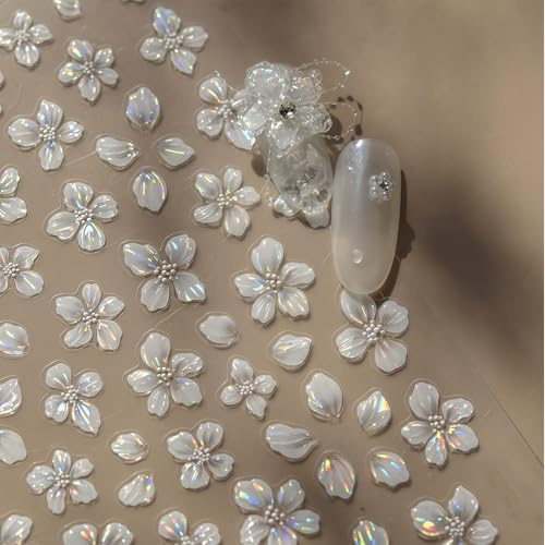 Zosutetoxo 5D Flower Nail Stickers Self-Adhesive White Flowers with Shell Light Effect Crystal Flower Nail Designs for DIY Manicure