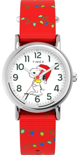 Timex TW2Y39500 Peanuts x Weekender Snoopy Santa Hat Damen-Armbanduhr, 31 mm, rotes Stoffarmband und weißes Zifferblatt