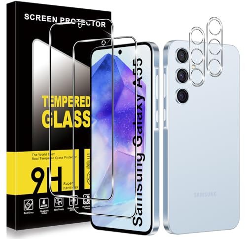 ZhuoFan Verre Trempé pour Samsung Galaxy A55 5G, 2 Pièces Protection écran Film et 2 Pièces Caméra Arrière Protecteur, Anti-Rayures Vitre Protection, 9H Dureté, Sans Bulles, HD Transparent