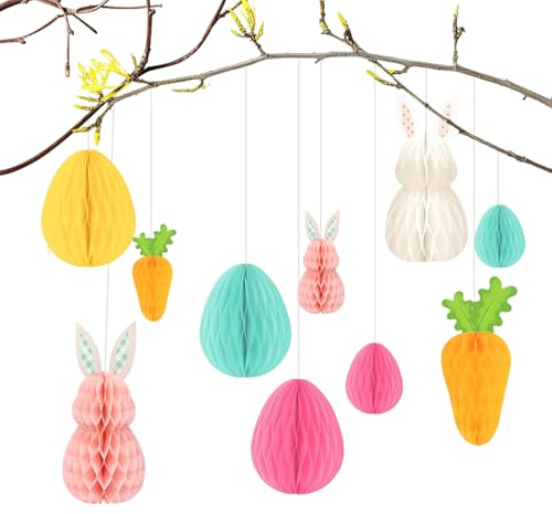 12 Stück Osterdeko zum Aufhängen,Osterdeko Wabenball,Waben Osterhasen zum Aufhängen,Ostereier zum aufhängens,Papier Osterhase Wiederverwendbare Ostern Deko,Ostereier Deko