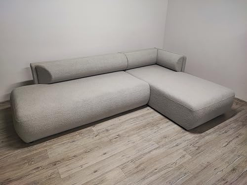 DMSM Cloud Mini Ecksofa mit Schlaffunktion, Beige Bouclé-Stoff, 289x187 cm, mit Bettkasten und Wellenfedern, Liegefläche 127x242 cm (Armlehne rechts)