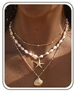 Roheafer Muschelkette Damen Layering Halskette mit Seestern Perlenanhänger | 14K Vergoldet,Verstellbar, Wasserfest, Hypoallergen, Sommer Strand Schmuck Geschenk für Frauen