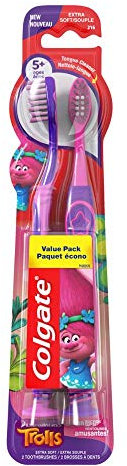 Colgate Kinder Zahnbürste, Trolls Wertpaket, Extra Weich, 2 Stück, Blau / Weiß