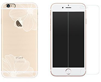 NOVAGO Compatible avec iPhone 8 Plus, iPhone 7 Plus -Combo (Coque + Verre trempé) Coque Gel Transparente et Solide Anti Choc +1 Film en Verre trempé 0.26 mm(Fleurs Blanches)