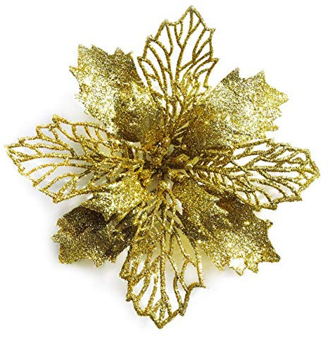 GL-Turelifes - Confezione da 12 Fiori di Stella di Natale Artificiali Glitterati, Ghirlanda di Natale per Albero di Natale, Diametro 16 cm,Oro