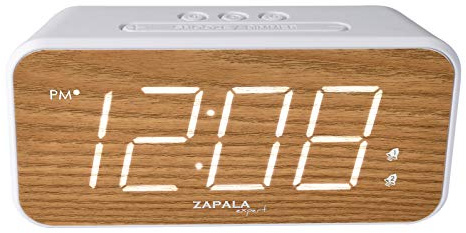 ZAPALA expert Dualer Alarm mit sehr gut ablesbarem Jumbo-Display (4,6 cm) mit weißem LED-Display und Holzimitat, 3-stufiger Dimmer-Kontrolle, Batterie-Backup