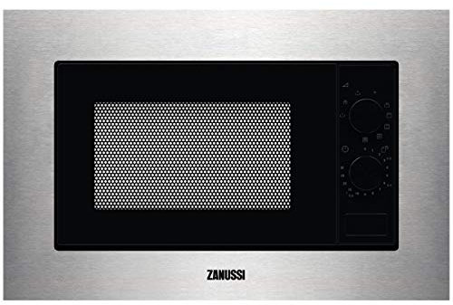 Zanussi ZMSN6DX Microondas Integrable con Grill de 700W, 6 niveles de potencia, Mando giratorio, Programa de descongelacion rápida, Pulsador para apertura, Marco Integrado, Negro/Inox, 20L