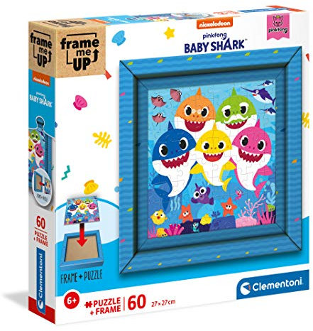 Clementoni 38807 Frame me up Baby Shark – Puzzle 60 Teile ab 4 Jahren, buntes Kinderpuzzle inkl. Rahmen aus Karton, zum Aufhängen ohne Kleber, Geschicklichkeitsspiel für Kinder