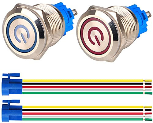 GUUZI 2pcs 19mm Interruptor de Botón Pulsador Autobloqueo 1NO1NC Acero Inoxidable Impermeable 220V-230V/5A Interruptor LED Iluminado con Enchufe de Cable Adecuado(Azul+Rojo)