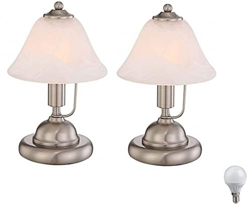 Nachttischlampe Antik Retro Touch ON/OFF nickel/alabasterfarbig nicht Dimmbar Nachtlicht Schreibtischlampe Fensterbank Schlafzimmer incl. 3WLED (2er Set Tischleuchte nickel incl. LED)