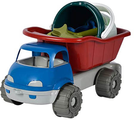 LKW Kipper, recycelt, 6 Teile, Eimer, 2X Sandform, Schaufel, Rechen, 35cm, Sandspielzeug, Sandkasten