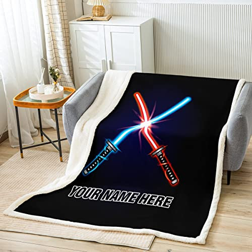 Personalisiertes Lichtschwert Thema Wohndecke Kinder Wissenschaft Fiktion Lichtschwert Kuscheldecke für Jungen Mädchen Blau Rot Lichtschwert Decke 75x100cm Zimmer Dekor Flanell Fleecedecke