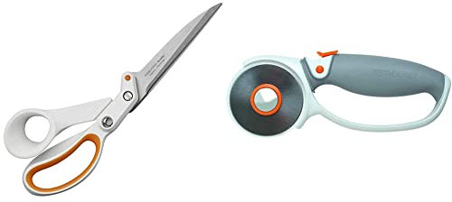 Fiskars Ciseaux multi-usages RazorEdge, Longueur totale: 24 cm, Lames en acier, Blanc/Orange & Cutter rotatif à Poignée Softgrip, Revêtement en titane, Ø 60 mm, Orange/Blanc/Gris