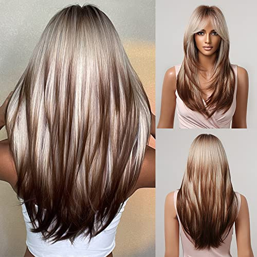 Allbell Lange Gerade Perücken für Weiße Frauen Braun Highlight Mischgraues Haar mit Bangs