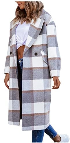 Vasreyy Damen Mantel Winter Warm Button Down Revers Wollmantel mit Taschen Langarm Wolljacke Gürtel Elegant Winterjacke Lang Wintermantel Klassische Trenchcoat Einfarbig/Kariertes