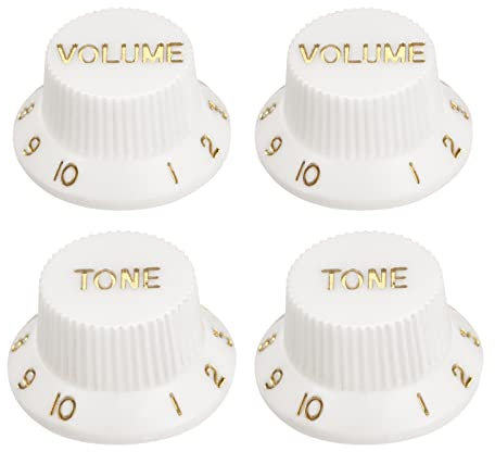 MECCANIXITY Top Hat Gitarren-Klingelknöpfe 6 mm ID 2 Lautstärke 2 Tone Geschwindigkeitsregler für E-Gitarre Ersatz Kunststoff Weiß mit goldenen Zeichen 2 Set