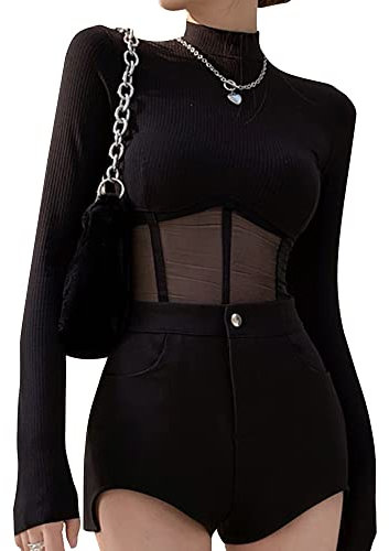 QKEPCY Camiseta Sexy para Mujer Blusas para Mujer Camisa de Manga Larga Mujer Cuello en V Blusa Manga Larga Tops Sexy Transparente Malla Top Slim Chic Clubwear Casual T Shirt