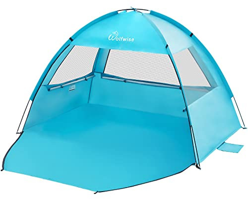 WolfWise Einfach aufbaubares Strandmuschel UPF 50+ Strandzelt Baby uv Schutz 50+ für 2-3 Personen, leichtes Cabana, Blau