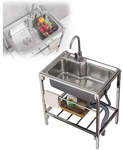 Fregadero de catering de acero inoxidable 304 para lavandería con grifo y drenaje, fregadero industrial de garaje comercial para restaurante, taller (26.8 x 17.3 pulgadas)