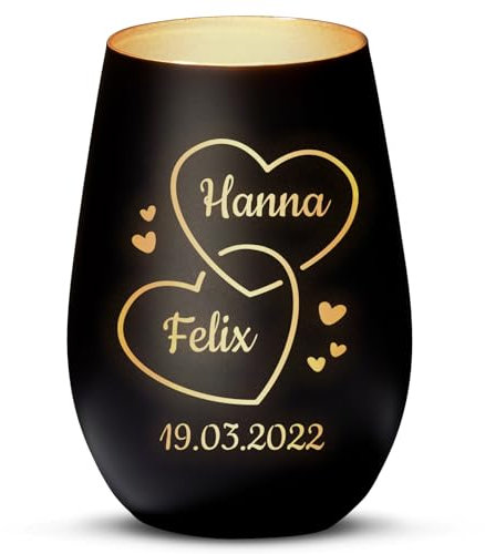 Love Faith Zwei Herzen - Paar-Windlicht Schwarz/Gold - Personalisiertes Windlicht für Hochzeit mit Namen-Gravur - Geschenk für Brautpaare