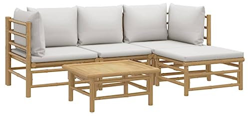 vidaXL Garten Lounge Set 5-TLG., Gartenmöbel Set mit Hellgrauen Kissen, Sitzgruppe für Garten Terrasse, Modular Sofa Garnitur Loungemöbel, Bambus