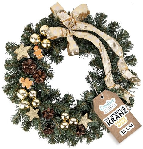 Creative Home Weihnachtskranz Gold Türkranz Weihnachten Tannenkranz Künstlich | Durchmesser 35 cm | Adventskranz für Haustür Wand Tisch | Indoor & Outdoor | Weihnachtsdeko | Winter Deko
