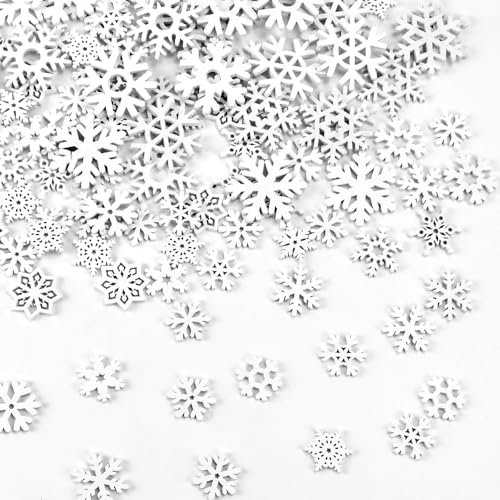 KARBAG 150Pcs Christmas Wooden Snowflakes, 20mm 25mm 35mm Mixed White Wooden Snowflakes Mini Snowflake Wood Slices Snowflake Embellishments for DIY Crafts Christmas Tree Hanging Table Decoration