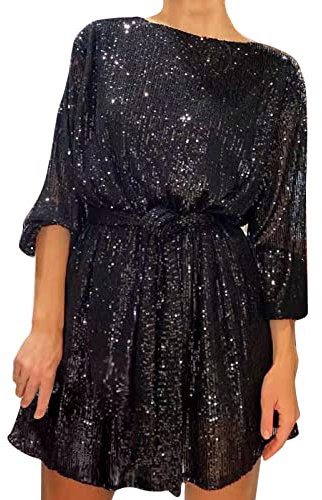 Robe De Cocktail Grande Taille Rouge Robe à Manches Longues à Lacets à Sequins pour Femmes Tenue De Soirée Fille (Black, XXL)