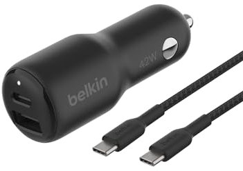 Belkin BoostCharge Dual Car Charger 42W with Fast Charge USB-C 30W PPS & 12W-A Ports + C-Cable for Apple iPhone 16, 16 Pro, 16 Pro Max, iPhone 15, Samsung Galaxy S24 & More - Black