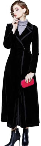 Women's Slim Notch Lapel Velvet Trench Coat Dress Maxi Overcoat Hepburn Style Party Vintage Solid Outwear (Color : Black, Size : M)