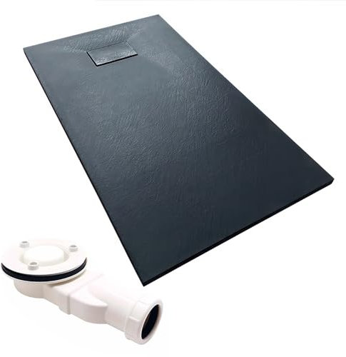 KOLMAN Duschwanne 140x90 cm Rechteck, Schwarz, Komposit, Flach, Steinoptik, Ablaufgarnitur Ø 90 mm, Design-Duschtasse Rechteckig VIDAR SLIM