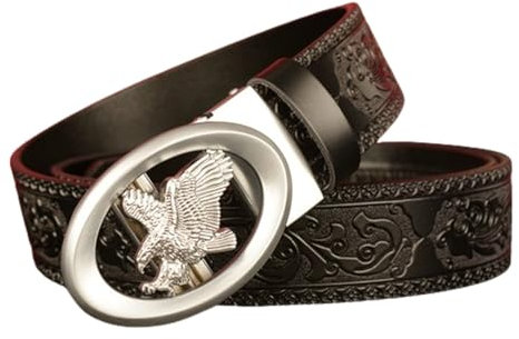 NALANY Herren Gürtel Ratsche Automatik Ledergürtel Dekoration Mit Vintage-gürtelschnalle Western Hohl Adler Silber Automatikschließe Für Business Anzug,35mm Breit(120cm/waist:41, Black)