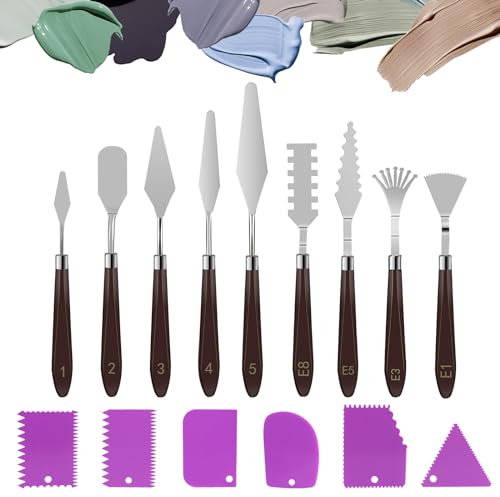 Juego de 15 espatulas pintura acrilica, accesorios para pintura acrílica, 9 paletas para pasta estructural+6 cuchillas de rascador, espátula acrílica, material para pintura al óleo