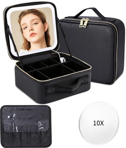Makeup Tasche mit Spiegel-3 Farben LED Licht,LED eleuchtetem Makeup Organizer,Portable Reise MakeUp Tasche,Tragbare Schminktasche mit Verstellbaren Trennwänden,Professionelle Makeup Organizer,Geschenk