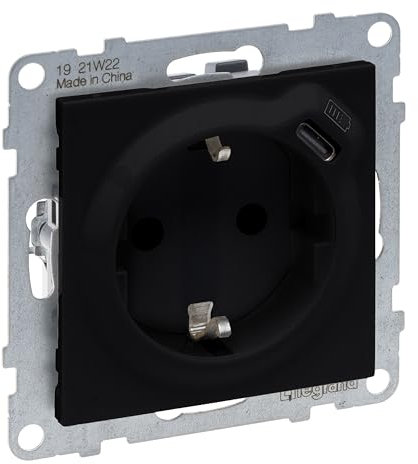 LEGRAND, SEANO 2 in 1 Steckdose, USB Typ C-Kombinationssteckdose, mit erhöhtem Berührungsschutz, Steckklemmen, 16 A, Farbe: Schwarz lackiert, 765326