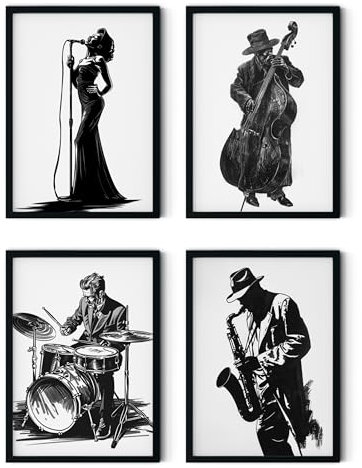 MJ-GRAPHICS® | Mood Poster Set Jazz Musik - Sängerin, Schlagzeuger, Gitarre, Saxophon - Dekorative Wandkunst Wohnzimmer, Büro - 4xA4 Kunstdrucke - Musikliebhaber - ohne Rahmen