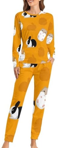 VYJLOO Kaninchen Damen Schlafanzug Lange Pyjama Set Zweiteiliger Nachtwäsche Langarm Hausanzug Sleepwear