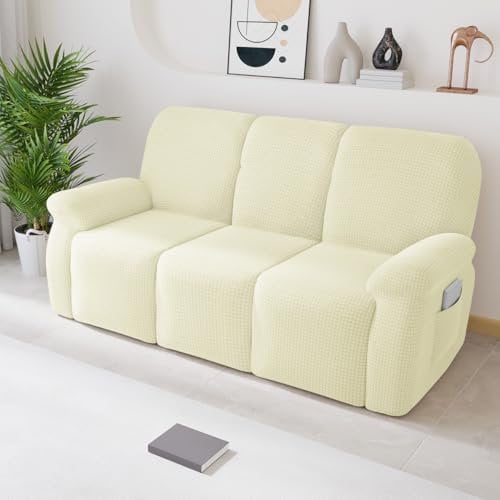 Chickwin Sesselschoner für Relaxsessel 1/2/3 Sitzer, Fernsehsessel Bezug mit Taschen Elastisch Sesselschoner für Fernsehsessel, Einfarbig Sesselschoner mit Armlehne (3 Sitzer,Milchig weiß)