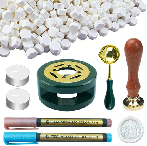 Tomgenrine Wachssiegel-Set – Inklusive 500 Wachsperlen, Siegelstempel, Wachsschmelzer, Löffel, Teelichter & Metallstifte – Ideal für Hochzeitseinladungen und DIY-Bastelprojekte(Weiß Kit）