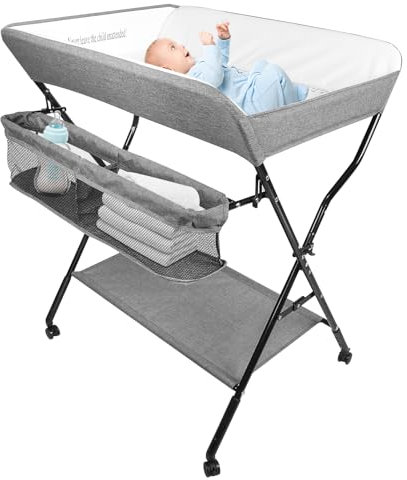 OHMG Commode à langer pliable, table à langer avec roulettes, table à langer mobile avec matelas à langer, ceinture de sécurité et compartiments de rangement, étanche et réglable en hauteur, stable