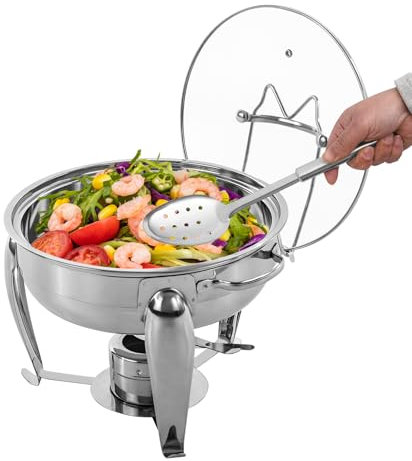 MEHOOSPVN Chafing Dish Rund 4 Liter Buffet-Set Warmhaltebehälter, Chafing Dish Speisenwärmer Edelstahl Wärmebehälter Edelstahl Gestell und Glas Deckel, Suppenwärmer für Catering Buffet und Party