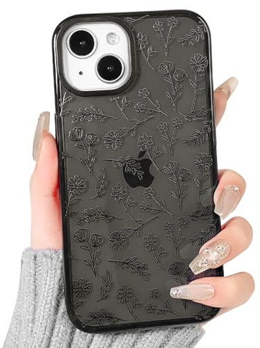 NITITOP Compatible for iPhone 13 Mini Case Cute Flower Floral Clear for Women Girl Ultra Slim Crystal Shockproof Soft TPU Anti-Yellow Protective Phone Cover - Black