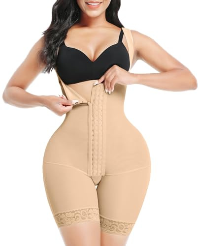 FeelinGirl Damen Shapewear mit 3 Reihen Haken Formende Bodys Bauch Weg Figurformender mit Breite Schultergurte Taillenformer Hohe Taille Angenehm Shaping Bodysuit Beige L