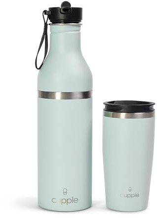 Cupple: Cup + Bottle - Stainless Steel - Cold and Hot Drinks - Leak Proof - Fits Cup Holders - Integrated Coffee Cup - Sea Green