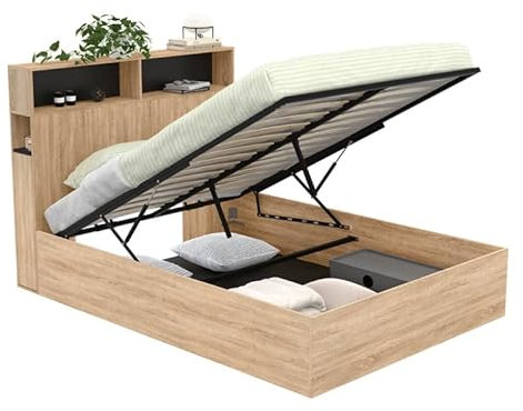 IDMarket - Lit Coffre Double Clyde avec tête de lit + rangements et sommier 140 x 190 cm façon hêtre et Noir