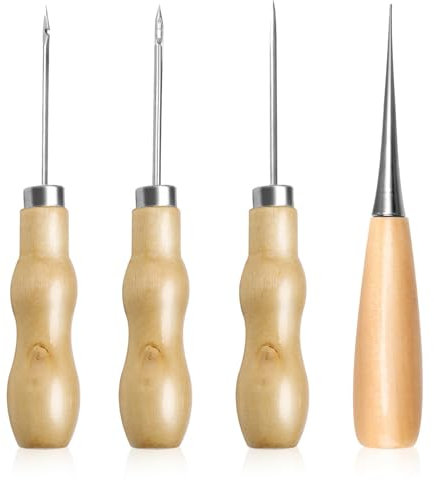 4 Pcs Wooden Handle Awl Gourd Shape Awls Tailors Awl Punch Awl Wood Handle Scratch Awl Reusable Sewing Awl Tool for Sewing Crafting Leather Perforating Needle Removal