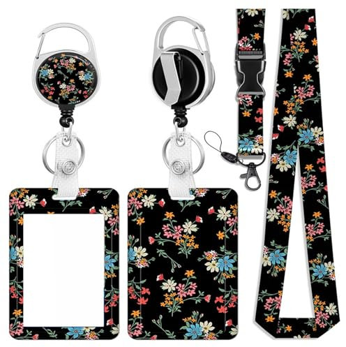 Blüten Kartenhalter mit Band, Ausweishülle Band Lanyard Kartenhülle Geprägte Vertikale Karte Schutz für Frauen, Ausweishalter mit Clip, Schlüsselbänder mit Schnellverschluss Schnalle