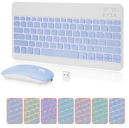 MAYPHY Backlit Mini Keyboard Mouse Combo, 7-Color Backlight Wireless Keyboard, 2.4G /BT Dual Mode for iPad, Tablets, Laptops, Silent Keys & Compact Design, UK Layout, Blue