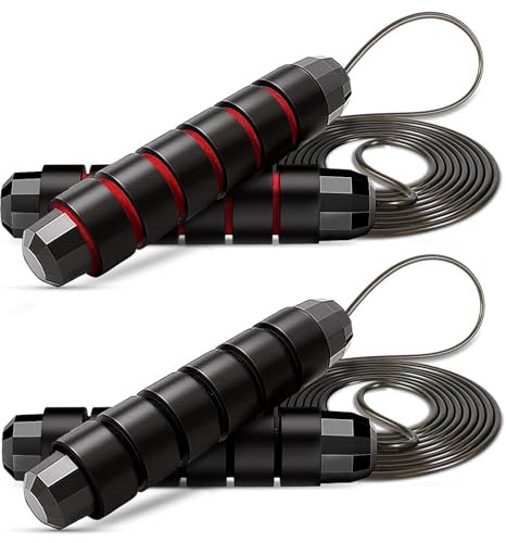 Skipping Rope, Jump Rope Adjustable, Jumping Rope with Tangle-free PVC Coated Steel Cable, Rapid Ball Bearings & Soft Foam Handle For Men Women Kids Home Exercise, Fat Burning (Black-Red 2pcs)