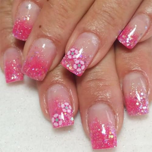 Glitter Ombre Hot Pink French False Nails Short Medium Square, SXVME Floral Press on Nails Short Acrylic Fake Nails Press ons Cute Flowers Full Cover Luxury Cute Stick on Nails for Women 24 Pcs